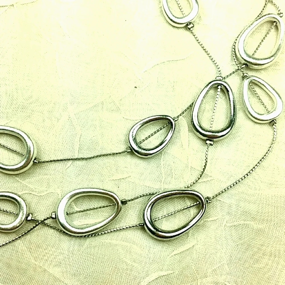 Trifari Necklace triple multi strand silver tone with random odd shaped oval